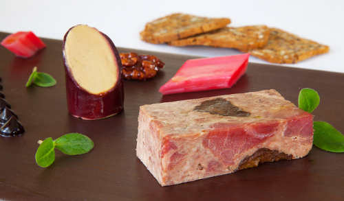 ON THE PIG&rsquo;S BACK DUCK TERRINE & DUCK LIVER PATE, FOODS OF ATHENRY CRACKERS, CANDIED WALNUT, RHUBARB