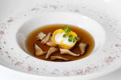 Ballyhoura Mountain Mushroom consomm&eacute; with Coolea cheese tortellini