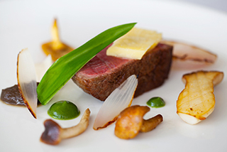 Dry-aged beef, Ballyhoura Mountain Mushrooms, Coolea cheese, parsley pur&eacute;e, wild garlic
