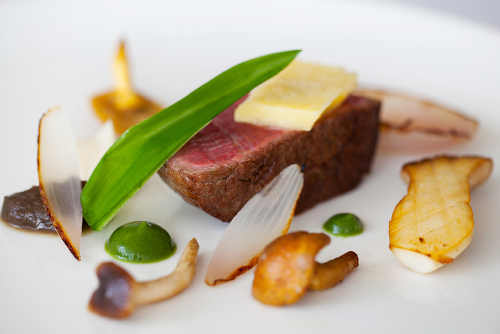 Dry-aged beef, Ballyhoura Mountain Mushrooms, Coolea cheese, parsley pur&eacute;e, wild garlic